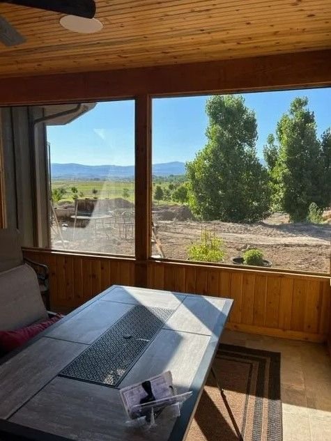 Inside a screened porch looking out